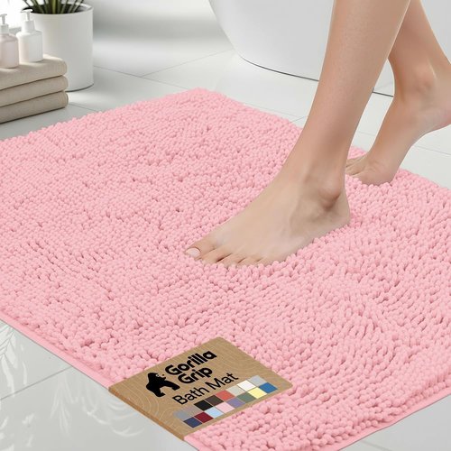 GORILLA GRIP Bath Rug Mat - Soft Absorbent Chenille | Quick Dry Microfiber, 44x26, Light Pink
