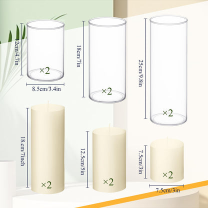 Shihanee Set of 6 Pillar Candles and Glass Cylinder Vases Clear Cylinder Holders for Slim Tall Pillar Candles Wedding Centerpieces(3.4'' x 4.7", 7", 9.8",Ivory White)