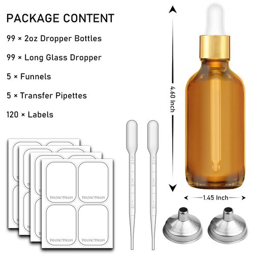 Bumobum 2 oz Dropper Bottle, Amber Glass Eye Dropper Bottles with Golden Top Cap for Essential Oils, 99 pack Tincture Bottle with Labels and Funnel