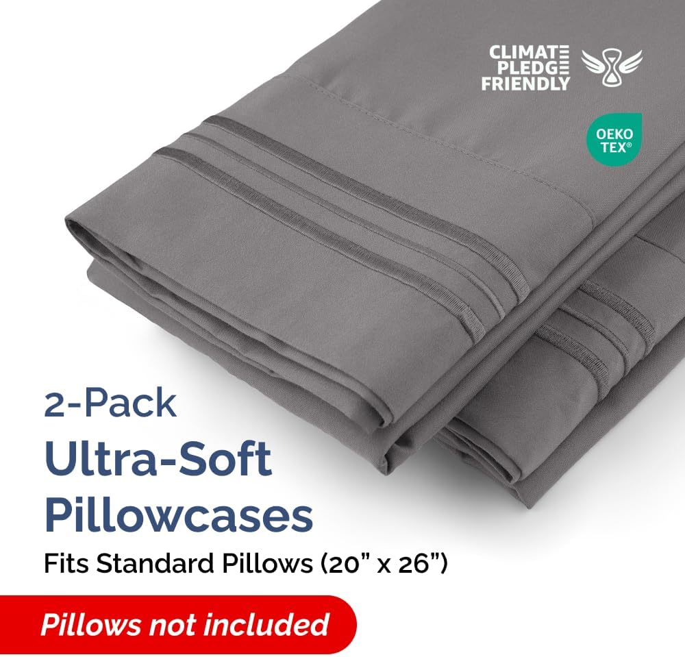 Standard Pillow Cases Set of 2 | Ultra-Soft Hotel Quality Covers - Comfy, Wrinkle-Free & Stain Resistant - Dark Grey