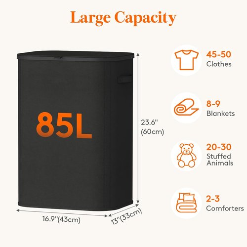 Lifewit 85L Large Laundry Basket - Foldable Hamper with Lid & Removable Bag | Black for Home Use