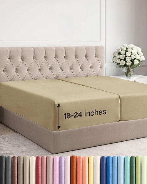 Extra Deep Split King Fitted Sheet - Hotel Luxury Single Fitted Sheet Only - Easily Fits 18 inch to 24 inch Mattress - Ultra Soft, Wrinkle & Fade Free w/Extra Deep Pocket - Breathable & Comfy - Beige
