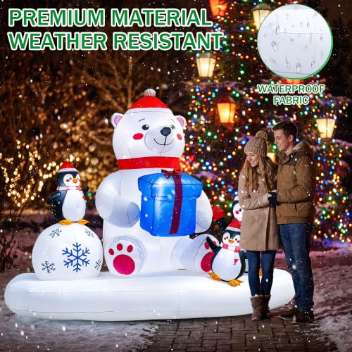 Polar Bear & Penguins Inflatable Christmas Yard Decoration - 8 Ft Lighted Outdoor Holiday Scene