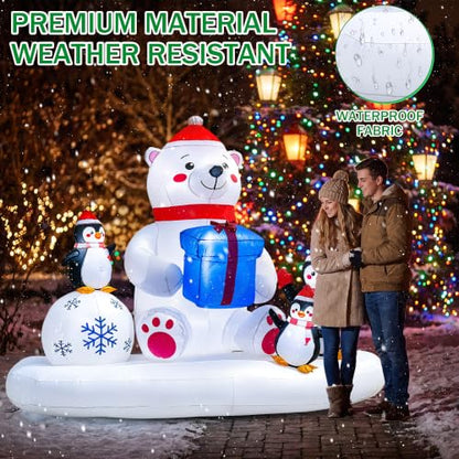 Polar Bear & Penguins Inflatable Christmas Yard Decoration - 8 Ft Lighted Outdoor Holiday Scene