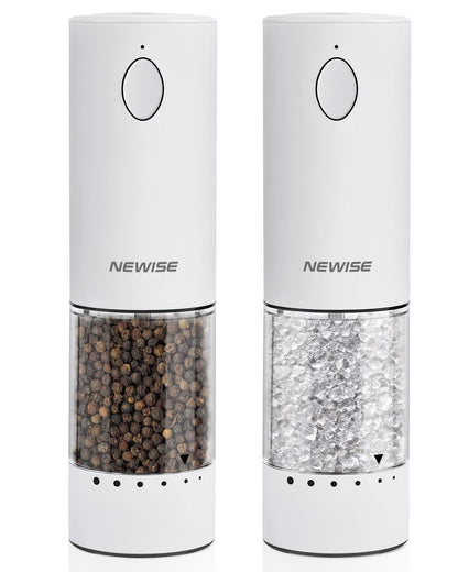 Newise Electric Salt and Pepper Grinder Set Rechargeable with Light, Automatic & Adjustable Coarseness, Kitchen Gadgets, Housewarming Gifts for New Home, 2 Pack, White