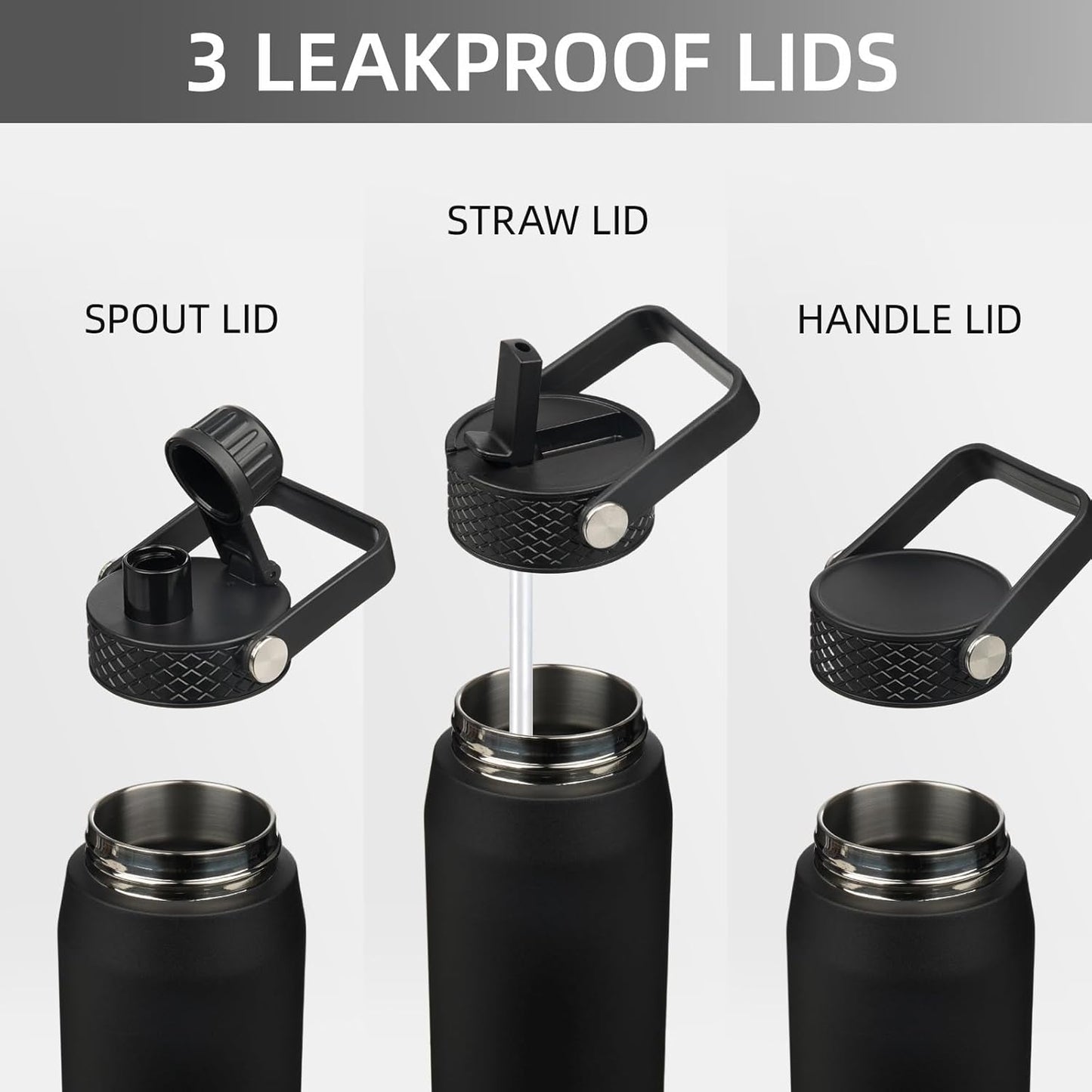 Skiennix 25oz Insulated Stainless Steel Water Bottle - Leakproof BPA-Free with 3 Lids | Black