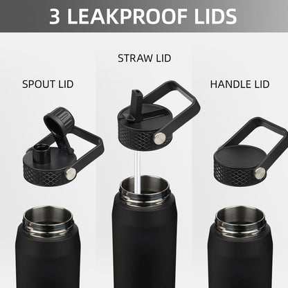 Skiennix 25oz Insulated Stainless Steel Water Bottle - Leakproof BPA-Free with 3 Lids | Black