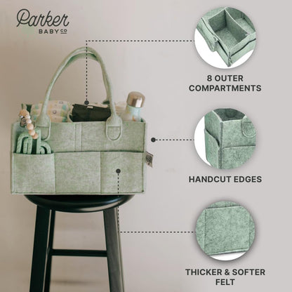 Parker Baby Diaper Caddy - Versatile Nursery Storage Bin & Car Organizer for Diapers - Sage Green