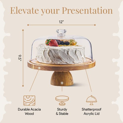 Acacia Wood Cake Stand with Lid - 12-Inch Round Dessert Display & Charcuterie Board Set