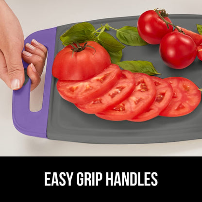 The Original Gorilla Grip Oversized 100% BPA Free Reversible Durable Kitchen Cutting Board Set of 3, Juice Grooves, Dishwasher Safe, Easy Grip Handle Border, Food Chopping Boards, Cooking, Purple Gray