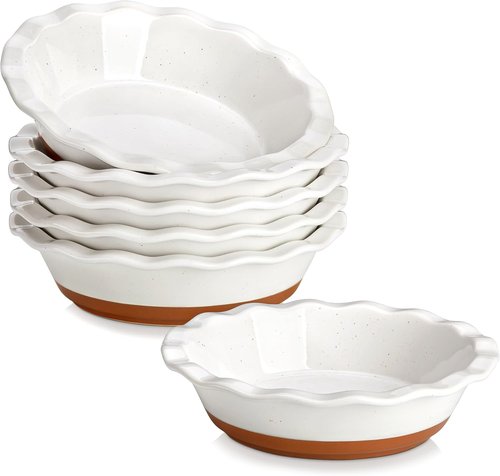 MALACASA Ceramic Mini Pie Pans Set of 6 - 6-Inch Ruffled Edge Baking Dishes | Microwave & Oven Safe, Khaki White