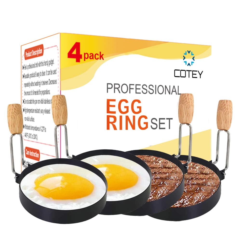 COTEY 3.5" Egg Rings Set of 4 with Wooden Handle, Large Ring for Frying Eggs, Round Mold for English Muffins - Griddle Cooking Shaper for Breakfast