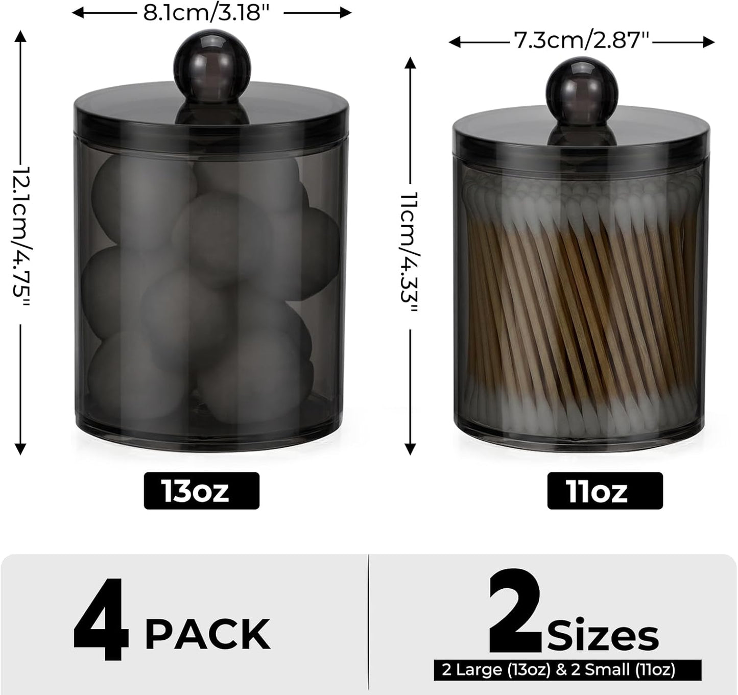 Skiennix Acrylic Qtip Holder Dispenser - Clear Canister Set for Cotton Swabs & Makeup Storage | 4 Pack