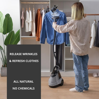 True & Tidy Heavy Duty Commercial Full Size Standing Garment Steamer for Clothes with Extra Large 3L (101 oz) Water Tank for 90+ mins of Steam Time, 1800 watts of Powerful Steam, 3 Settings, Gray