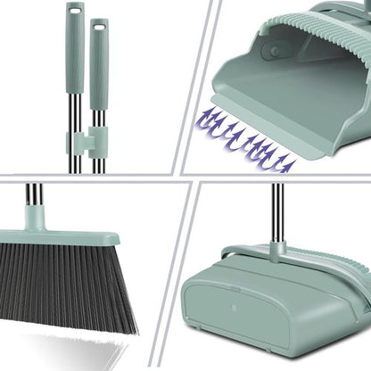 Kelamayi Broom and Dustpan Set - Large Size with Long Handle for Indoor/Outdoor Use | Green