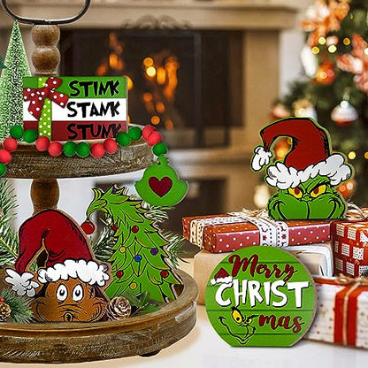 Christmas Tiered Tray Decor Set - Farmhouse Holiday Wooden Signs & Garland