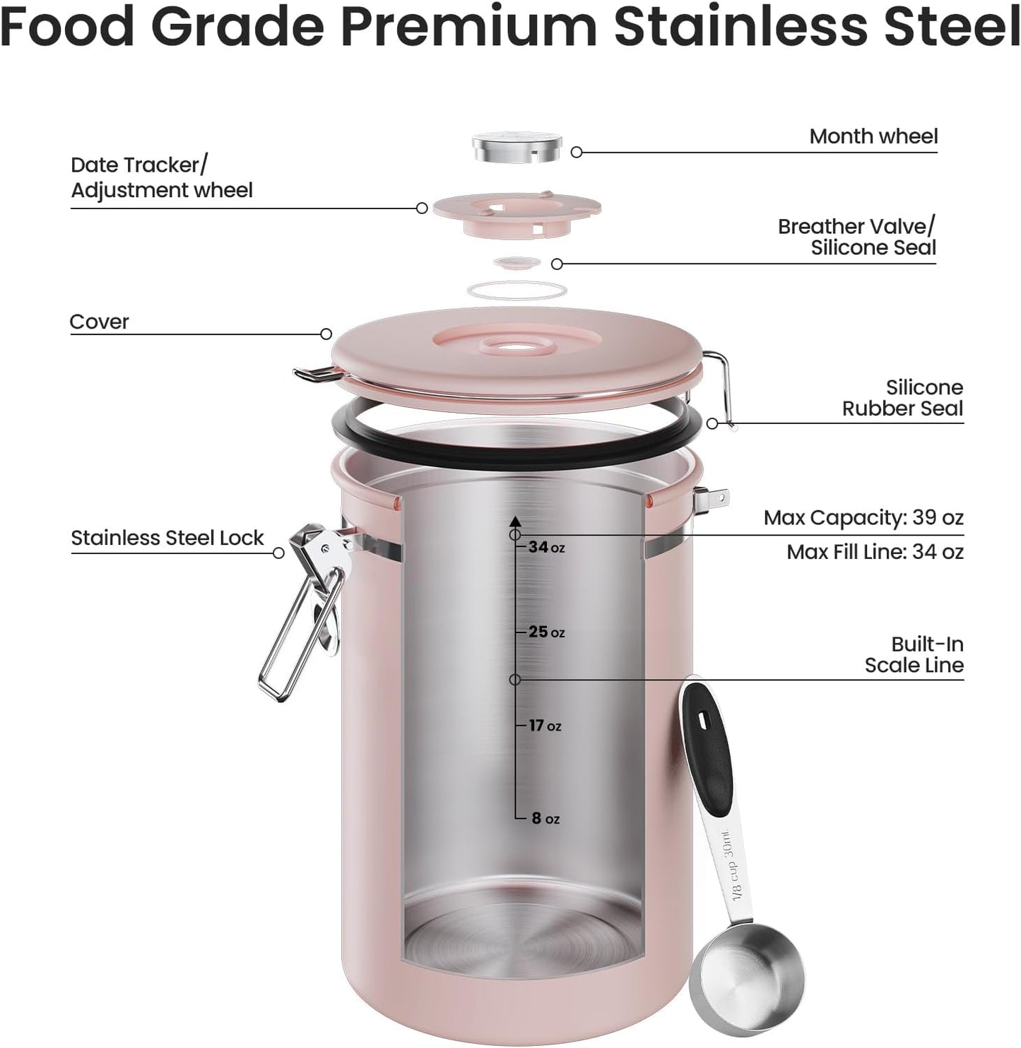 Veken Coffee Canister - 39oz Airtight Stainless Steel Storage for 2.2lbs Coffee, Sugar, Tea | Pink with Date Tracker & Scoop