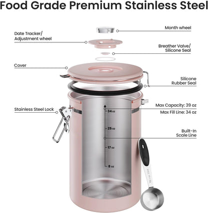 Veken Coffee Canister - 39oz Airtight Stainless Steel Storage for 2.2lbs Coffee, Sugar, Tea | Pink with Date Tracker & Scoop