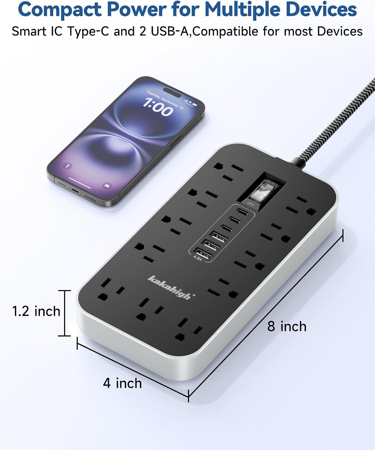 Skiennix Extension Cord with USB Ports - 5 FT Power Strip, 11 AC Outlets & 6 USB for Home & Office