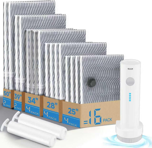 Skiennix Vacuum Seal Bags - 16 PCS Space Saver Set with Electric Air Pump for Travel & Storage