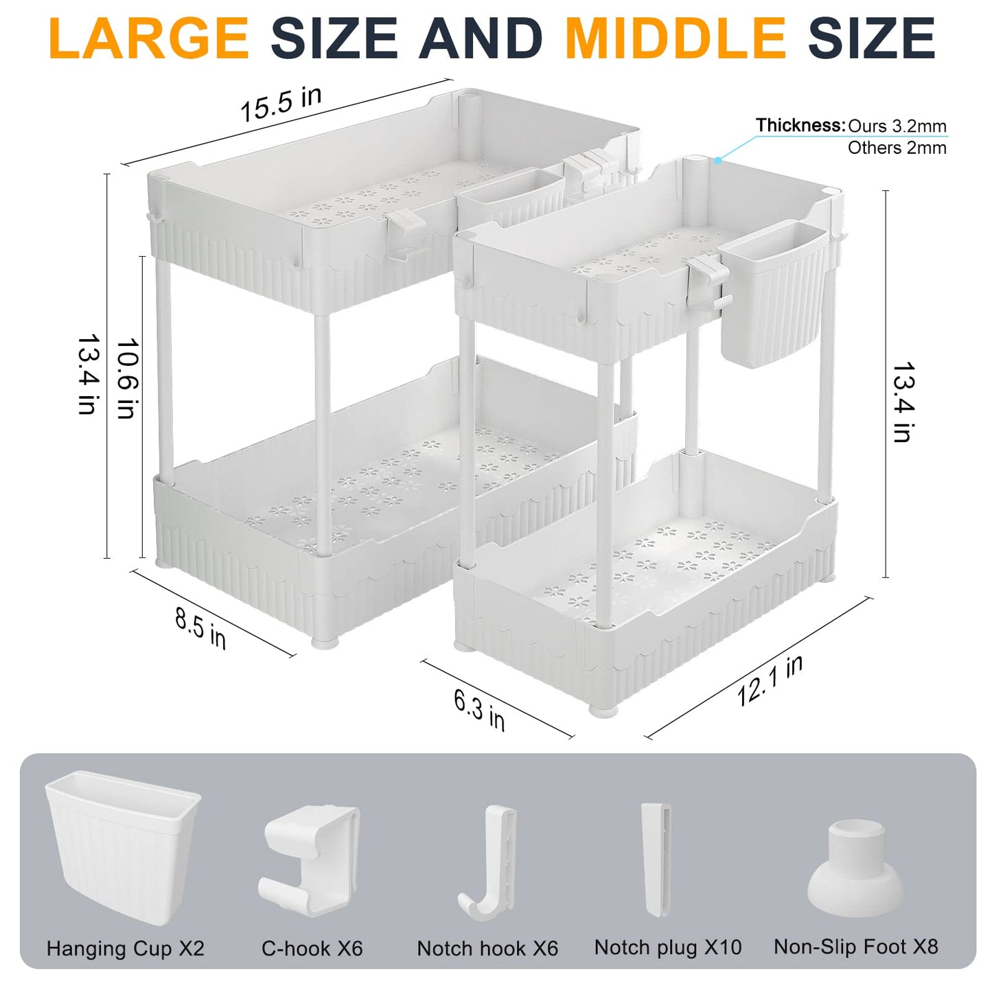 Sevenblue 2 Pack Under Sink Organizers and Storage,Under Bathroom Cabinet Organizer with Hooks Hanging Cup,Multi-Purpose Storage Shelf for Kitchen Bathroom,(White)