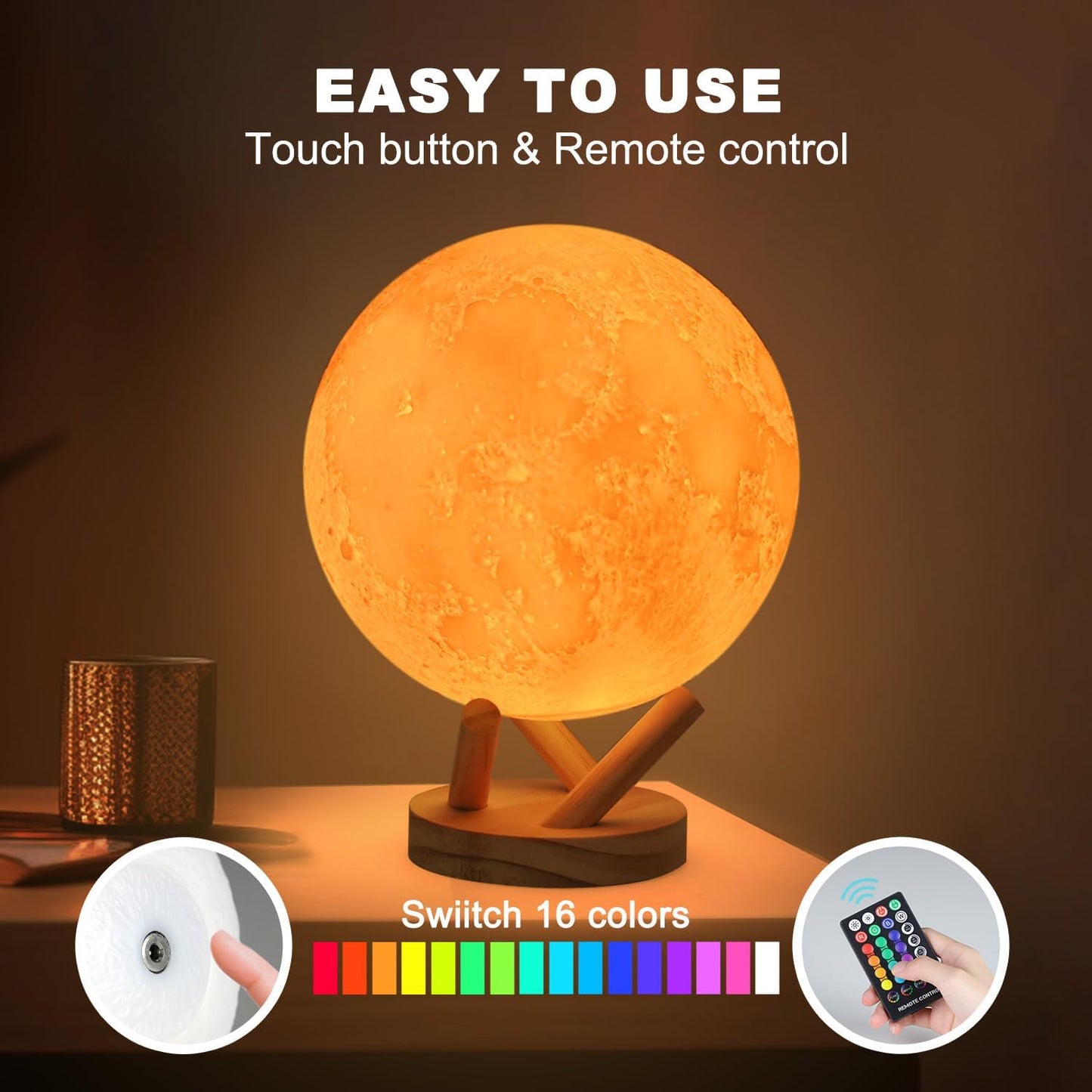 Moon Lamp - 6 Inch Sliding Control Night Light | 16 Colors with Unique Stand - Perfect Gift for Kids & Women