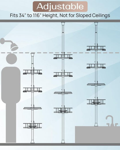 ALLZONE Corner Shower Caddy - Rustproof Tension Pole with 4 Baskets & Extra Hooks | Fits 34–116 Inch, Silver/White