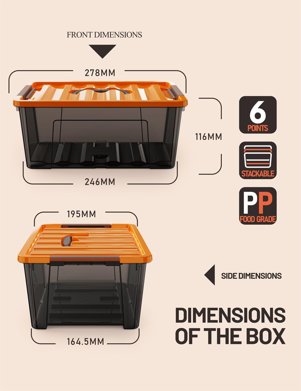 WYT 5-Quart Storage Container Bin - Durable Plastic with Orange Lid & Black Latch | 6-Pack
