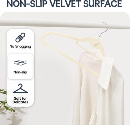 Velvet Hangers 50 Pack - Non-Slip Stackable Clothes Hangers with 360° Swivel Hooks | Ivory Felt Design