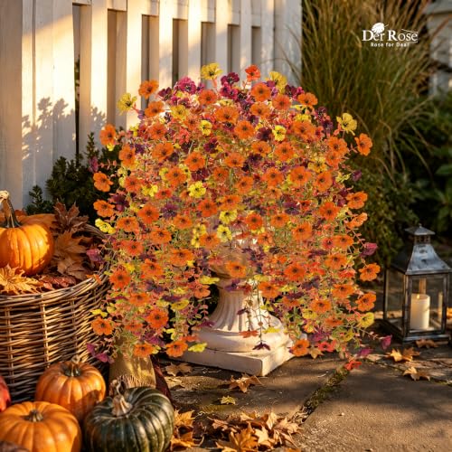 Artificial Mums for Outdoors - Full 16-Branch Fall Flower Bundles with Large Blooms - Yellow, Orange, Burgundy - Variation 2