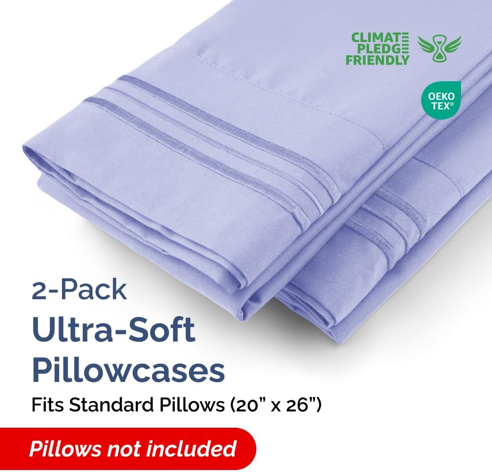 Standard Pillow Cases Set of 2 - Ultra-Soft Hotel Quality Covers | Comfy, Wrinkle-Free & Stain Resistant - Lavender