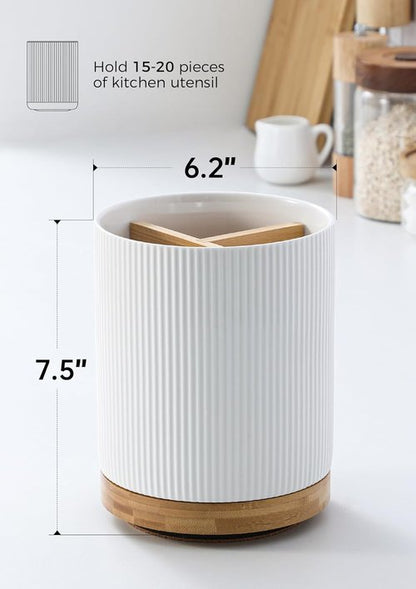 LoeJan Utensil Holder - 3 Compartment Ceramic Kitchen Organizer with Cork Bottom | Large White Crock