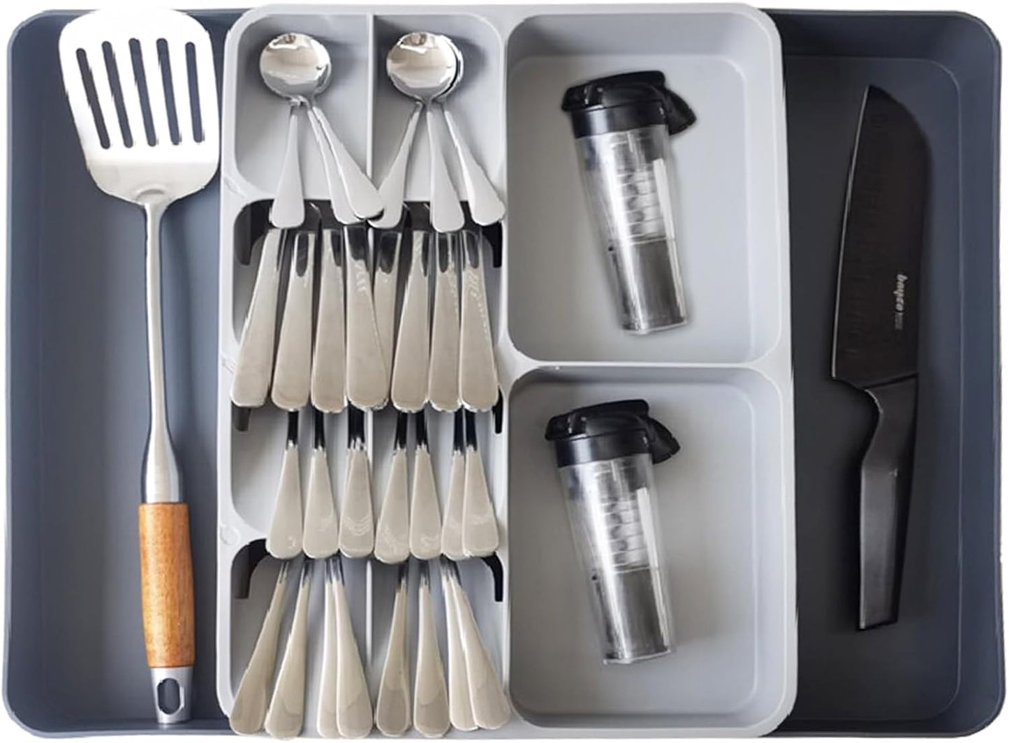 Skiennix Expandable Silverware Organizer - Adjustable Cutlery Drawer Tray for Home & Kitchen | Large Grey