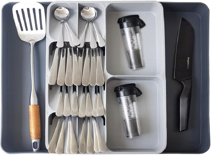 Skiennix Expandable Silverware Organizer - Adjustable Cutlery Drawer Tray for Home & Kitchen | Large Grey