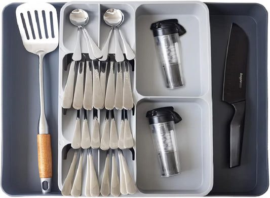 Skiennix Expandable Silverware Organizer - Adjustable Cutlery Drawer Tray for Home & Kitchen | Large Grey