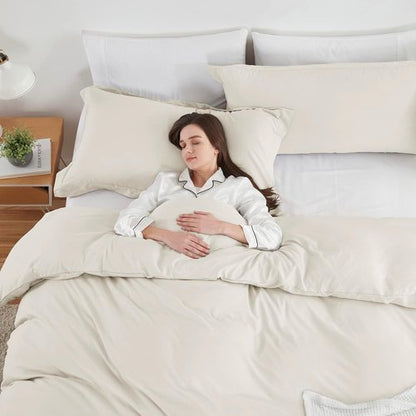 Hearth & Harbor Queen Duvet Cover Set - Soft Off White 3-Piece Bedding with Button Closure | 90x90 Inches
