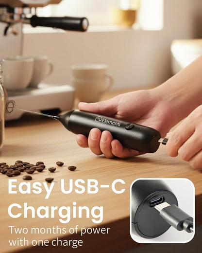 Elementi Milk Frother Wand - Powerful USB-C Rechargeable Handheld Mixer for Perfect Cappuccinos & Lattes (Black)