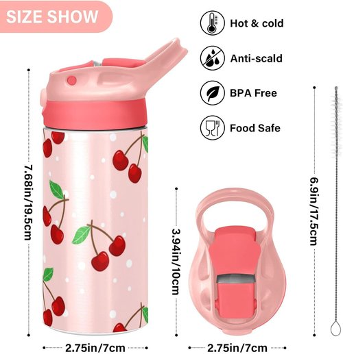 Cherry Water Bottle - Leakproof Double-Walled Stainless Steel Thermo Flask with Straw Lid | Ideal for Kids & Girls