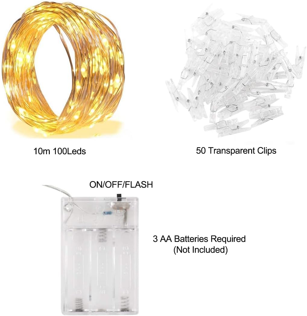 Photo Clip String Lights - 32.8Ft 100 LED Fairy Lights with 50 Clear Clips for Dorm & Wedding Décor