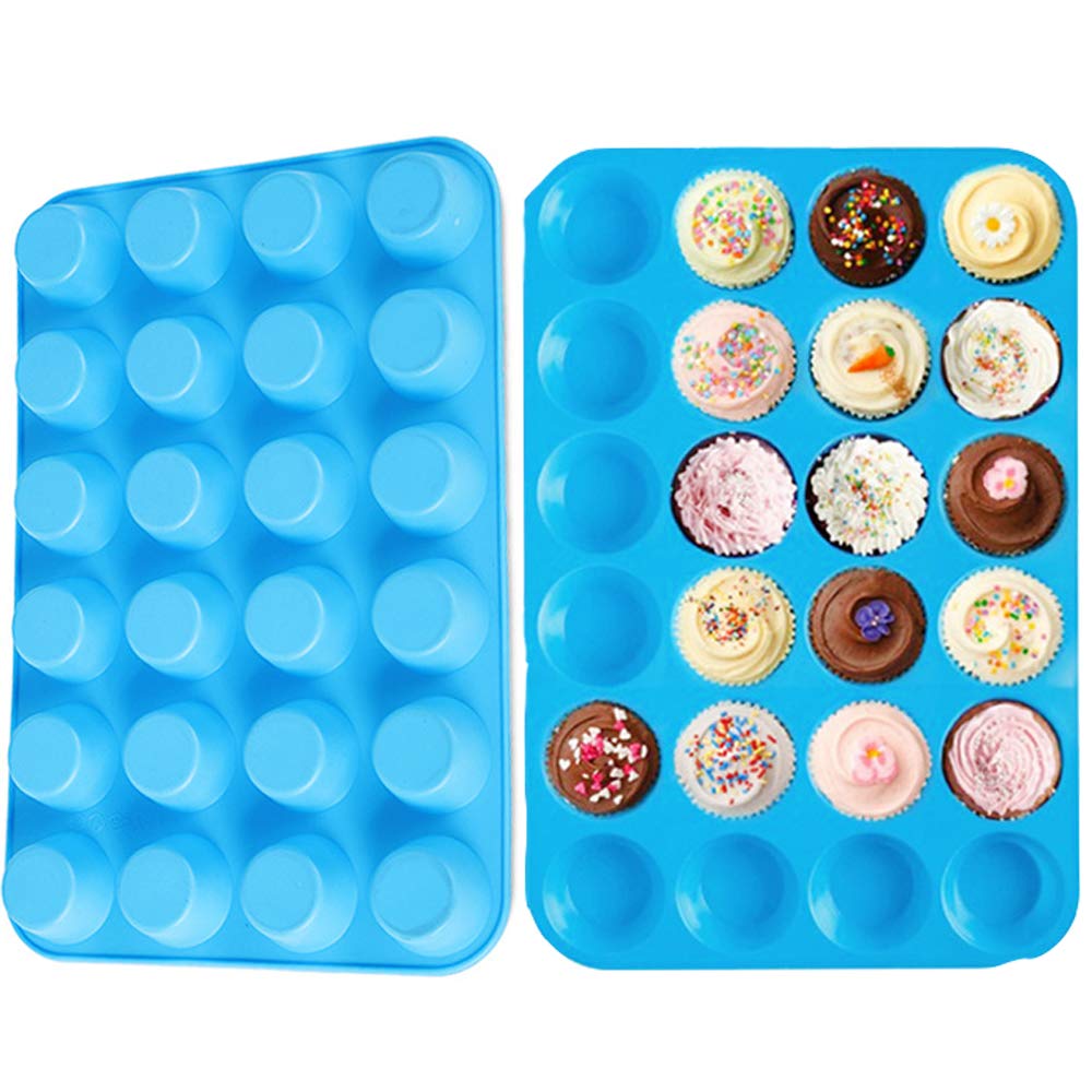 Qtopun Silicone Mini Muffin Pan, 4 Pack 24 Cups Silicone Mold Cups Baking Pan, Silicone Muffin Tins Baking Moulds-Blue