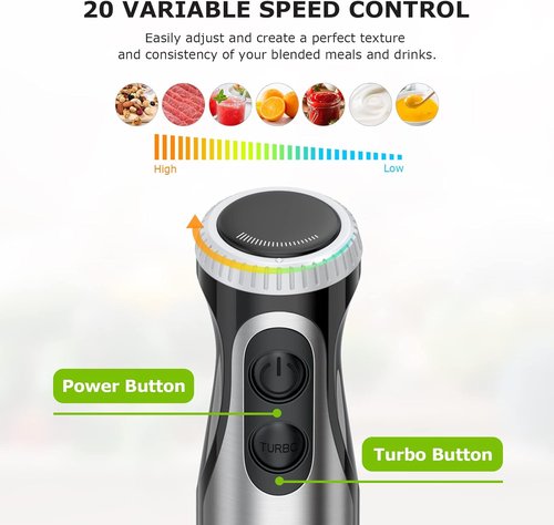 Bonsenkitchen Handheld Immersion Blender - 20-Speed Turbo Mode, 500W Stainless Steel | Perfect for Soup, Smoothies, Purees