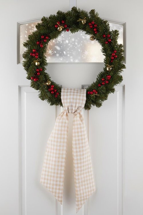 Khaki White Checkered Plaid Bow Ribbon Wreath Sash by [Brand Name] - Rustic Holiday Decor (5.12" x 54.33")