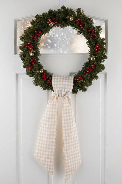Khaki White Checkered Plaid Bow Ribbon Wreath Sash by [Brand Name] - Rustic Holiday Decor (5.12" x 54.33")