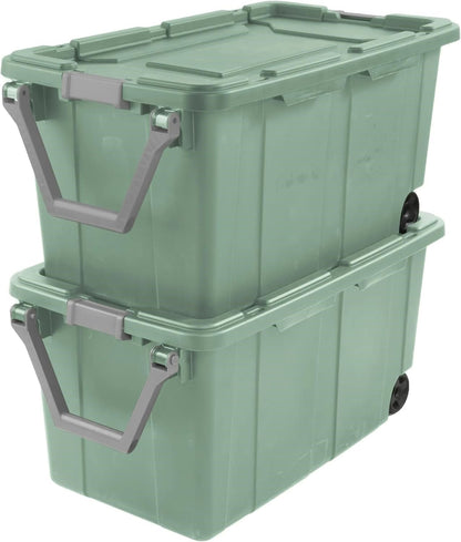 Storage Bin - 40 Gallon Wheeled Industrial Tote | Tough Stackable Plastic Container - Green Sage (2 Pack)