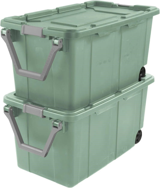 Storage Bin - 40 Gallon Wheeled Industrial Tote | Tough Stackable Plastic Container - Green Sage (2 Pack)
