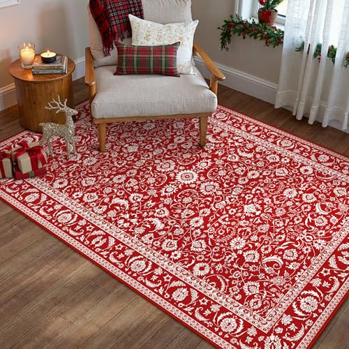 Christmas Red Floral Washable Area Rug 3x5 Entryway Non-Slip Floor Mat