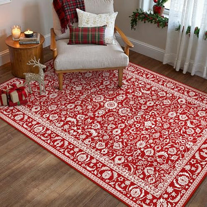 Christmas Red Floral Washable Area Rug 3x5 Entryway Non-Slip Floor Mat
