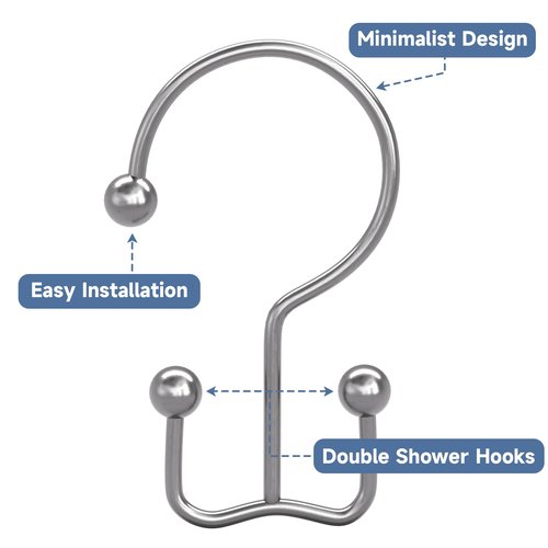 Titanker Shower Curtain Hooks Chrome, Minimalist Simple Double Glide Shower Curtain Rings, Rust Proof Metal Shower Hooks Rings for Bathroom Shower Rods Curtains, Set of 12 Hooks