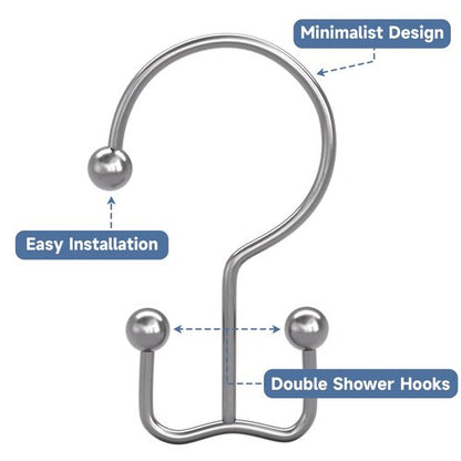 Titanker Shower Curtain Hooks Chrome, Minimalist Simple Double Glide Shower Curtain Rings, Rust Proof Metal Shower Hooks Rings for Bathroom Shower Rods Curtains, Set of 12 Hooks