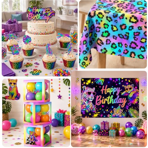 Rainbow Cheetah Birthday Decorations Set with Backdrop, Balloons, Cake Toppers